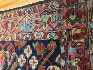 Antique Lilihan rug. 6'3"x4'3". Fine weave. Silky wool. Washed. Good Meaty pile.  Attrition at both ends. One side issue (please refer to photos). No holes or repairs. Floppy handle   