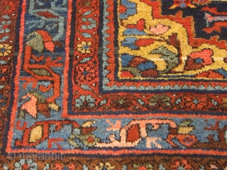 Antique Hamadan (Enjilas) rug with brilliant saturated colors, fine wool, thick MINT pile and floppy handle...beautiful yellows, light blues, and greens.
measures 60x44 inches          