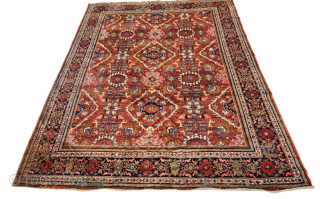 Decorative Mahal carpet from 1930s-1940s with nice saturated colors (green, blue, yellow,etc) in 13.5’x10.5’ size. It has few spots of moth damage along two edges as shown in the photos. The pile  ...