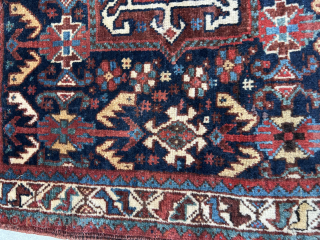 An antique Khamseh (Baseri?) bag face with beautiful color palette and silky wool from 1920s. Size is 2’10”x2’8”.               