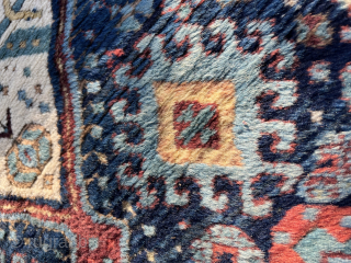 Antique Shahsavan runner from North west Iran (Azarbiajan - Moghan steppe) from early 20th century with saturated jewel like colors, fleecy shiny wool and plush pile. Size is 12'7"x3'11"
    