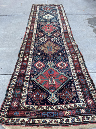 Antique Shahsavan runner from North west Iran (Azarbiajan - Moghan steppe) from early 20th century with saturated jewel like colors, fleecy shiny wool and plush pile. Size is 12'7"x3'11"
    