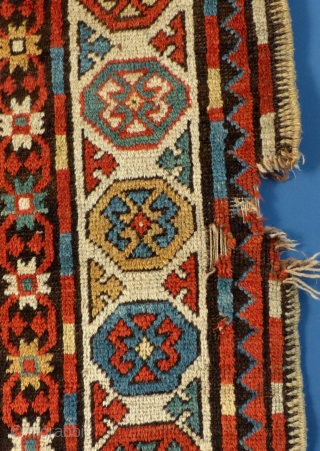 Antique Caucasian Rug, possibly a Chyly(?)
Has great overall pile but also has a few problems.  The ends need work and there is a large ding along the one edge.
There are also  ...