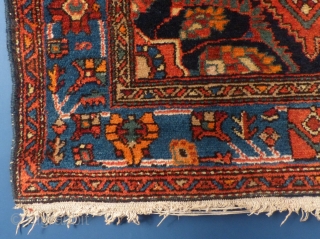 Nice small weaving.  Probably a Hamadan(?)
Measures 57" X 42".
Excellent condition.
One end has begun to fray.
Has been washed. 
SOLD              