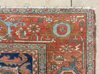 Antique Heriz/Serapi, c. 1880-1900+/-, 9'6" X 12'9", Has end "dings", and short tears, Shows mild wear, has a few moth bites, Has been washed. 
Over all it's very presentable...

SOLD...    