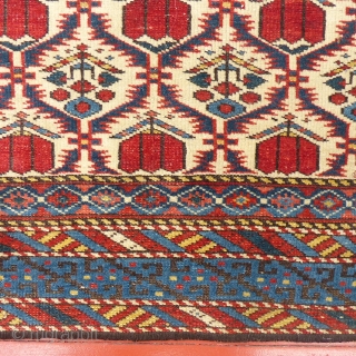 This is a pretty Caucasian Shirvan(?)
It is in excellent condition but some fool has overcast both the ends and edges.
There is also one small reweave.
The pile is fully intact and there are  ...