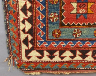 Antique Caucasian Borjalou Kazak Prayer Rug, 65" x 45", Dated(?) c.1875-1900
Has center wear and a little moth damage and corners need work.Has been washed.
SOLD         