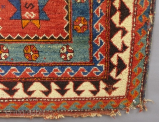 Antique Caucasian Borjalou Kazak Prayer Rug, 65" x 45", Dated(?) c.1875-1900
Has center wear and a little moth damage and corners need work.Has been washed.
SOLD         