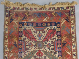 Antique Caucasian Seichor,
 96" X 40",
Has been used and shortened.
Has a few poor, unprofessionally done repairs and fake fringe.
Over all, the problems ar at the top portion in these pictures.

SOLD   