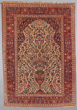 This is a beautiful Antique Kashan Prayer Rug.
It dates to the first quarter of the 20th Century.
It is all Wool and in Excellent,almost mint condition
It measures 41" x 59".c.1920-30.
SOLD    