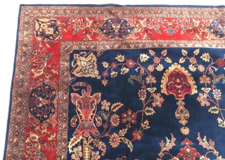 THIS IS A BEAUTIFUL PERSIAN KASHAN c.1940's.
Medium low lush dense silky wool pile on cotton foundation.
Very finely hand-knotted.
The field has multicolor palmette floral designs on navy blue background.
 Corner guards and borders  ...
