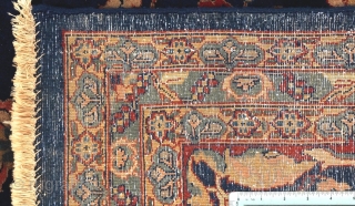 THIS IS A BEAUTIFUL PERSIAN KASHAN c.1940's.
Medium low lush dense silky wool pile on cotton foundation.
Very finely hand-knotted.
The field has multicolor palmette floral designs on navy blue background.
 Corner guards and borders  ...