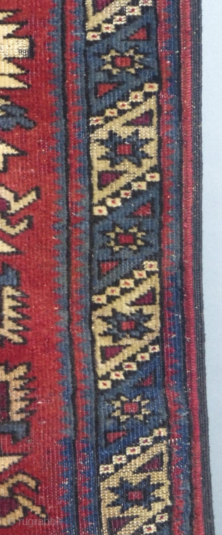  Antique Caucasian, "Eagle Kazak" or "Karabagh", c.1900-1920(?), 85" X 47",
Has wear and a few moth bites a small hole and also has a few stains as well.
SOLD     