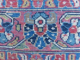 Antique Sarouk Carpet, ca. 1930's
4'3" x 7'
Medium low dense wool pile on cotton foundation. 
Field with central multicolor medallion and floral palmettes designs on navy blue background;
Borders with floral motifs on blue  ...