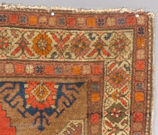 Antique Hamadan, c.1900-1920+/-.
45" X 75".
Good over all condition,
Needs sides overcast,
Ends are a little frayed.
No holes, No tears & No odors.
Has a few moth nibbles.
Can use a bath.

SOLD      