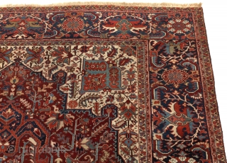 Heriz Carpet, ca. 1940's(?)
11'3" x 15'3"
Medium low silky wool pile on cotton foundation.
 Very fine hand knotted near-antique rug.
 Field with complex central medallion with extensions and floral design on ruby red;  ...