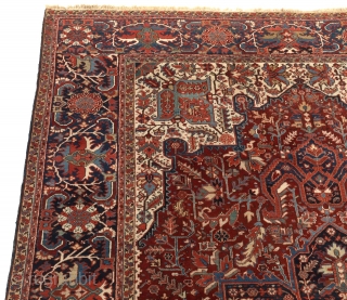 Heriz Carpet, ca. 1940's(?)
11'3" x 15'3"
Medium low silky wool pile on cotton foundation.
 Very fine hand knotted near-antique rug.
 Field with complex central medallion with extensions and floral design on ruby red;  ...