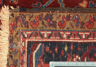Heriz Carpet, ca. 1940's(?)
11'3" x 15'3"
Medium low silky wool pile on cotton foundation.
 Very fine hand knotted near-antique rug.
 Field with complex central medallion with extensions and floral design on ruby red;  ...