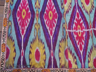 Uzbek adras ikat panel. Late 19th century.32 x 57 inches ( 81 x145 cm )Six colors Lined with spectacular printed Russian cotton trade cloth.With trim.(See detail)Condition is mint. No stains, tears, or  ...
