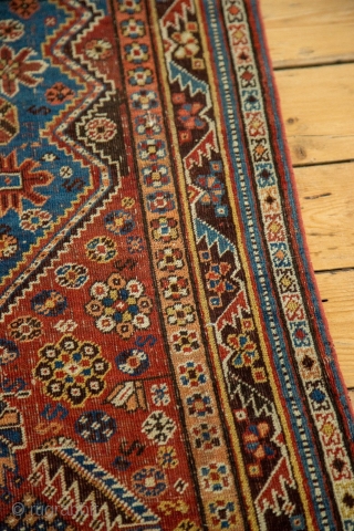 Qashqai Rug, several areas of old mending, great colors, not perfect but priced well. 4'8" x 6'7". Contact for more info.            