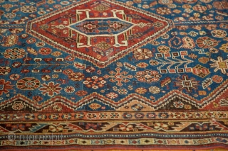 Qashqai Rug, several areas of old mending, great colors, not perfect but priced well. 4'8" x 6'7". Contact for more info.            