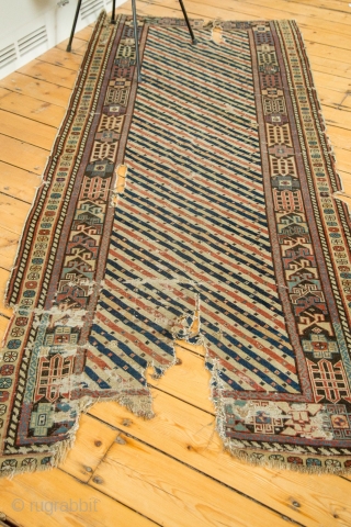 Shirvan Rug Runner Fragment, 1800s. Fragmented, as shown. Definitely an older piece. Great wool, awesome colors. 3'6" x 8'. Contact for more info.          