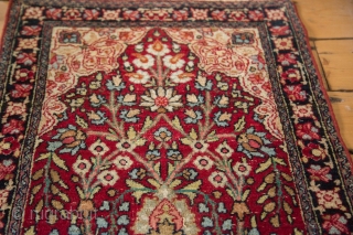 Kerman Pushti rug. Early 20th century. Good shape, showing some wear. 1'10" x 2'10". Contact for more info.               