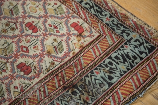 Old Caucasian rug. Signed. Used and enjoyed, stains present, see photos. Great colors, great border. 3'10" x 5'8". Contact for more info.           