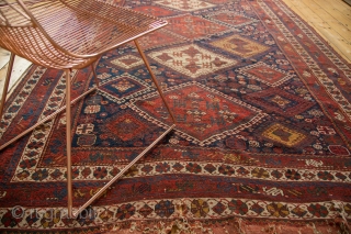 Large Afshar carpet. Great size, big piece. Fragile on one end, old moth holes, wear across. Mostly intact. 6'2" x 11'1". Contact for more info.        