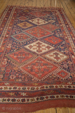 Large Afshar carpet. Great size, big piece. Fragile on one end, old moth holes, wear across. Mostly intact. 6'2" x 11'1". Contact for more info.        