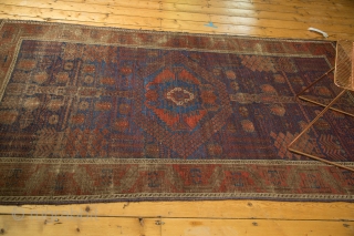 Timuri Belouch Garden carpet, 1800s. Worn and used but with phenomenal design. Electric blue. Early piece, big size, cochineal reds. 4'8" x 8'4". Contact for more info.      