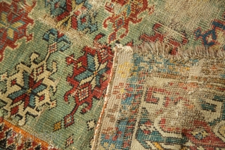 Old Caucasian rug, 1800s. Amazing color, great quality, early for type. Used and enjoyed, see photos. Special piece, rare green color. Dated in lower right corner "122" / 1802. 3'2" x 4'2".  ...