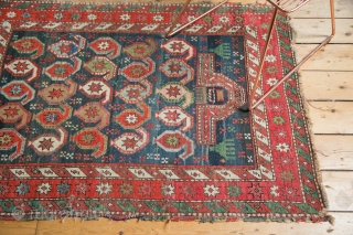 Caucasian rug, 1800s. Prayer design with hands. Great colors, lots of  green. Used and enjoyed, see photos. 3'2" x 4'6". Contact for more info.        