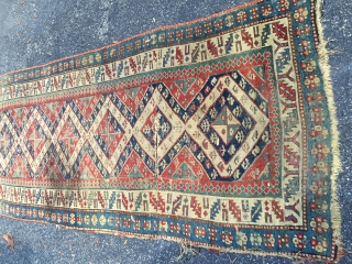 Unique - Appears to be a Kurdish Bijar with Caucasian design. Sold in as-found condition, no attempts made at cleaning. One wear spot/split cut across 3/4s of the rug. Was an old  ...