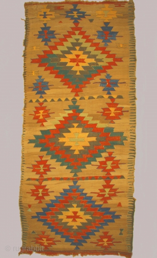 Anatolian kilim with 3 "baklava" type large medallions on a camel hair field, 145 X 340cm, mid 19th C., some areas of expertly done reweaving of damaged areas. Camel hair ground kilims  ...