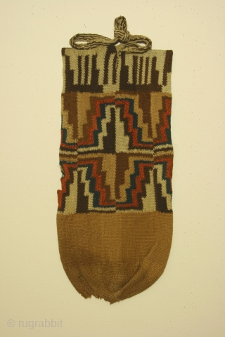 Pre- Columbian quiver bag, Peru, Early Seguas culture, Dept of Araquipa, circa 0-300 AD, dimensions, 9 x 20 inches interlocking discontinuous warp and weft weave. Hole in the bottom of bag, a  ...