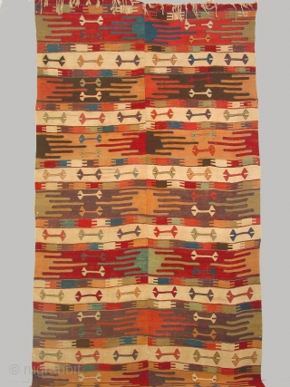 Anatolian kilim with 9 saf-like bands woven in two pieces, 150 x 366cm, circa 1800, This kilim is in extrordinary condition, with no repairs or reweaving. I have not seen another kilim  ...