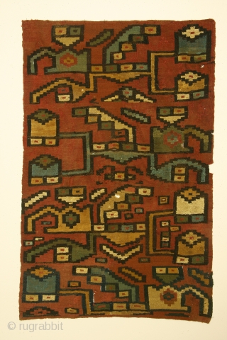 Pre-Columbian panel, complete, Peru, Late Wari culture, circa 900-1000 AD. Dimensions 24 x 36 inches. The structure consists of paired warps and single wefts foundation with supplemental weft patterning. Condition: about 10%  ...