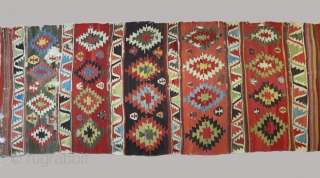 Anatolian kilim with 5 major patterned bands, 5 x 14 feet, circa 1800, excellent condition with minor losses to gray wool areas. The colored areas that appear black in the images is  ...