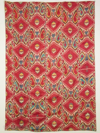 Uzbek 5 panel wallhanging, silke resist dyed warp, cotton weft, block printed cotton lining, 56 x 83 inches, 19th c., excellent condition. REDUCED PRICE!         