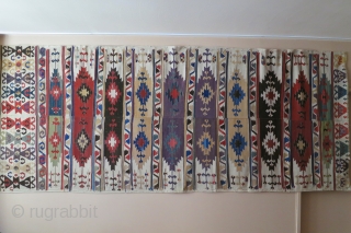 Kilim woven in two pieces patterned with 10 bands containing double niche saf type motifs/designs, Central Anatolia, 155 x 370cm, before 1800, published in Early Turkish Tapestries, by B.Frauenknecht,pl 39, 1984. The  ...