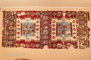 Anatolian saf type kilim with two major double niches or compartments, 150 x 310cm, 17th/18th century. Many overall losses as can be seen in the images. Saf type kilims are widely distributed  ...