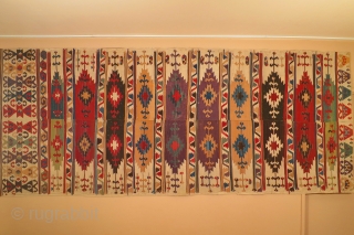 Anatolian kilim woven in two pieces patterned with 10 bands containing double niche saf type designs/motifs. Central Anatolia, before 1800, 155 x 370cm, Published in Early Turkish Tapestries, by B. Frauenknecht, pl.  ...