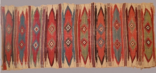 Anatolian kilim woven in one piece patterned with 10 bands containing double niche saf type motifs, Central Anatolia, 17th/18th century, 168 x 400cm, Outstanding condition for age with many small areas of  ...