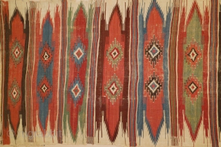 Anatolian kilim woven in one piece patterned with 10 bands containing double niche saf type motifs, Central Anatolia, 17th/18th century, 168 x 400cm, Outstanding condition for age with many small areas of  ...