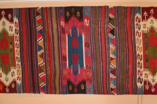 Anatolian kilim, 3 double niche saf type design, 162 x 428cm, circa 1700-1725 ( C-14 tested). This kilim is in extrordinary condition for its age; only some of the black dyed wefts  ...