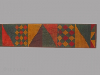 Pre-Columbian Seguas 3 mantle border, S. Coast of Peru, circa 500-700 AD, 12 inches x 102 inches, mounted. Condition: structurally intact without holes or loses, but with overall staining. This style of  ...