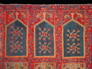 Ushak carpet fragment from a large mosque prayer carpet with three rows of three niches, late 18th century, 400-245cm, overall even pile; one small hole has been repaired. Compared to other Ushak  ...