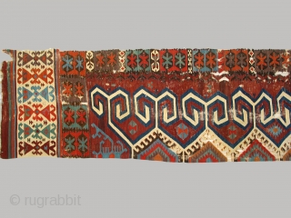 Anatolian kilim half, circa 1800, 92 x 468cm, Central Anatolian kilim (possibly Aydin)displaying large scale hooks/horns projecting from central medallions.  Cleaned and unrestored.         