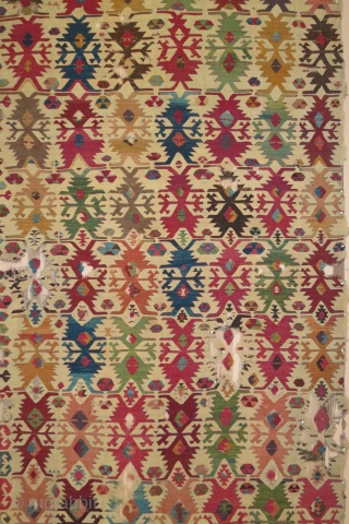 Anatolian kilim with eli-belinda motif design, 155 x 371cm, circa 1800. Some damage and loses. This kilim is unusual in several ways: 1. most eli-belinda type kilims have clearly defined side borders.  ...